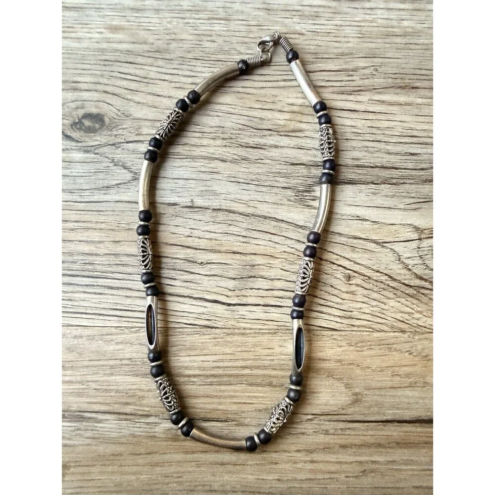Y2K Men Black Bead Necklace Silver Tone Tribal Boho Surfer street grunge skater